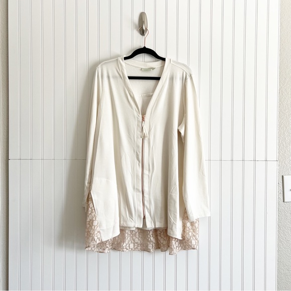 LOGO Lounge by Lori Goldstein 1X Zip Front Cardigan with Lace Back - Picture 1 of 4